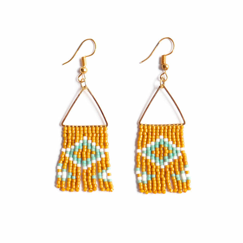Danza Earring has yellow, light blue and white beads connected to a golden triangle.  