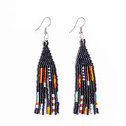 A black modern fringe earring with multi-color accents. Made in miyuki glass beads.